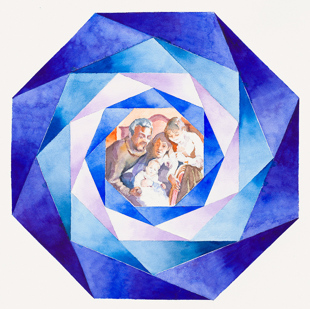 2018, Watercolor over pencil on paper, 58 x 58 cm, „Kaleidoscope of Time I. Family“, Nina Werzhbinskaja-Rabinowich