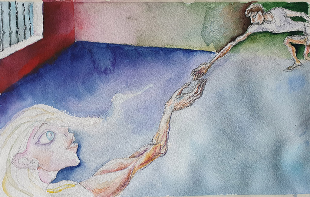 „Abstand  einhalten“, Bleistift  und Aquarell auf Papier 25 x 42 cm, 2020, Malerin Nina Werznbinskaja-Rabinowich