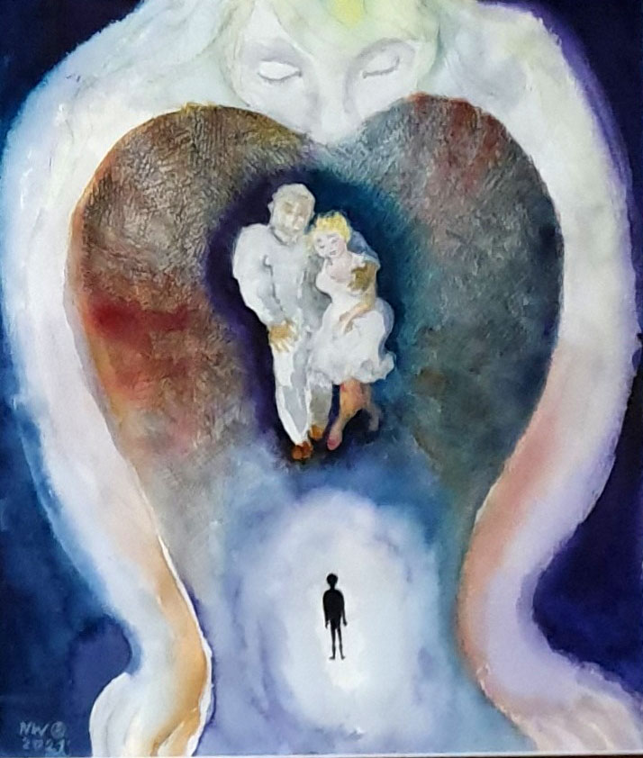Картина «Легенда о потерянном мальчике», Акварель, бумага, 48 х 40 см, 2020, художница Нина Вержбинская.Рабинович