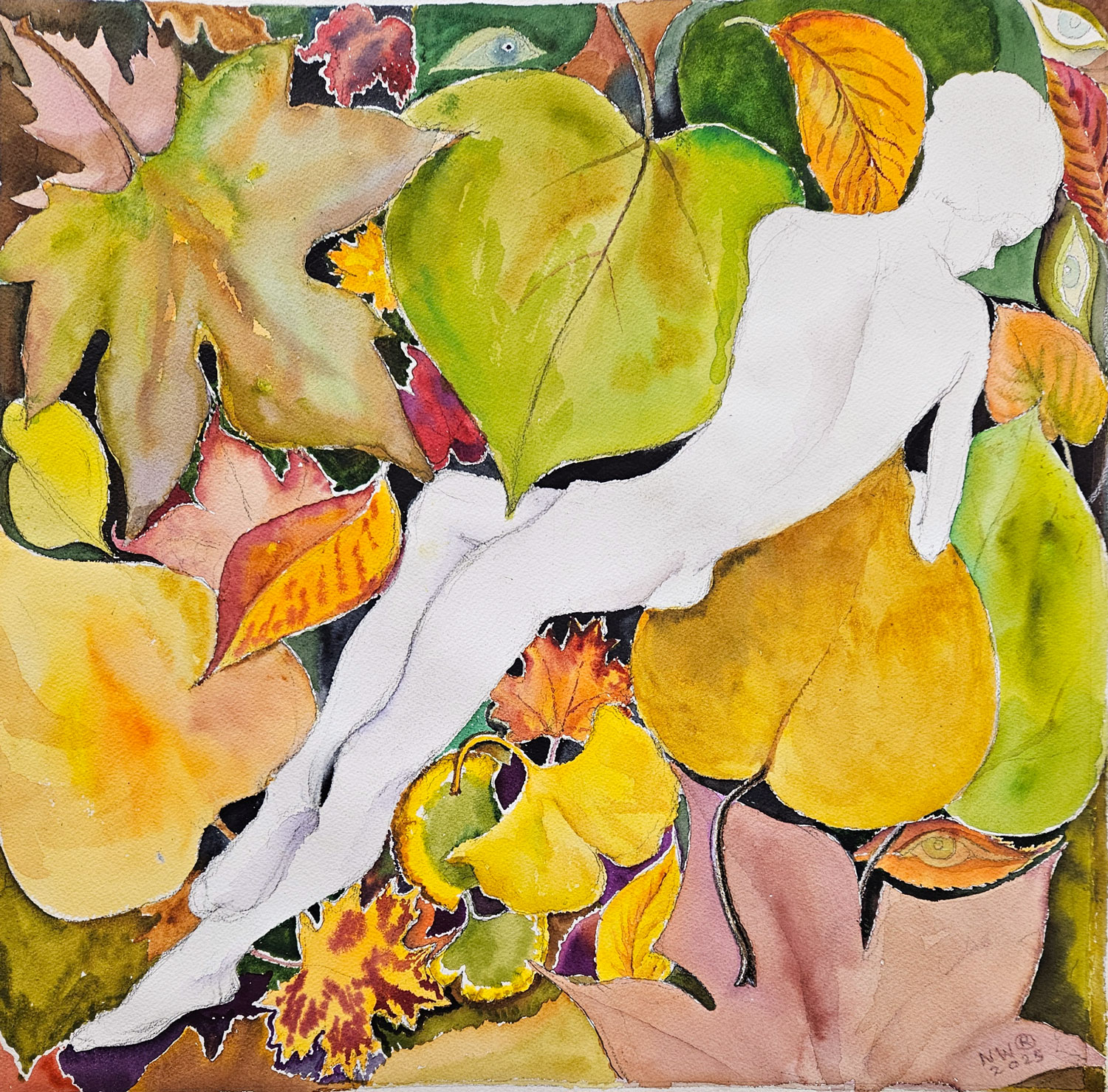 "The fig leaves are falling as from far. Rilke reloaded”. Watercolour, 70x70 cm, 2025 painter Nina Werzhbinskaja-Rabinowich