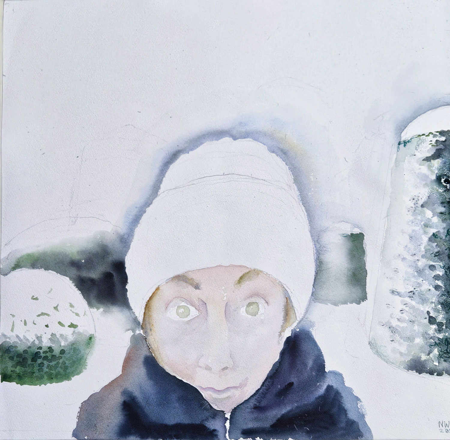 "NinaWR between the NHM and the KHM”. Watercolour, 60x60 cm, 2026, painter Nina Werzhbinskaja-Rabinowich