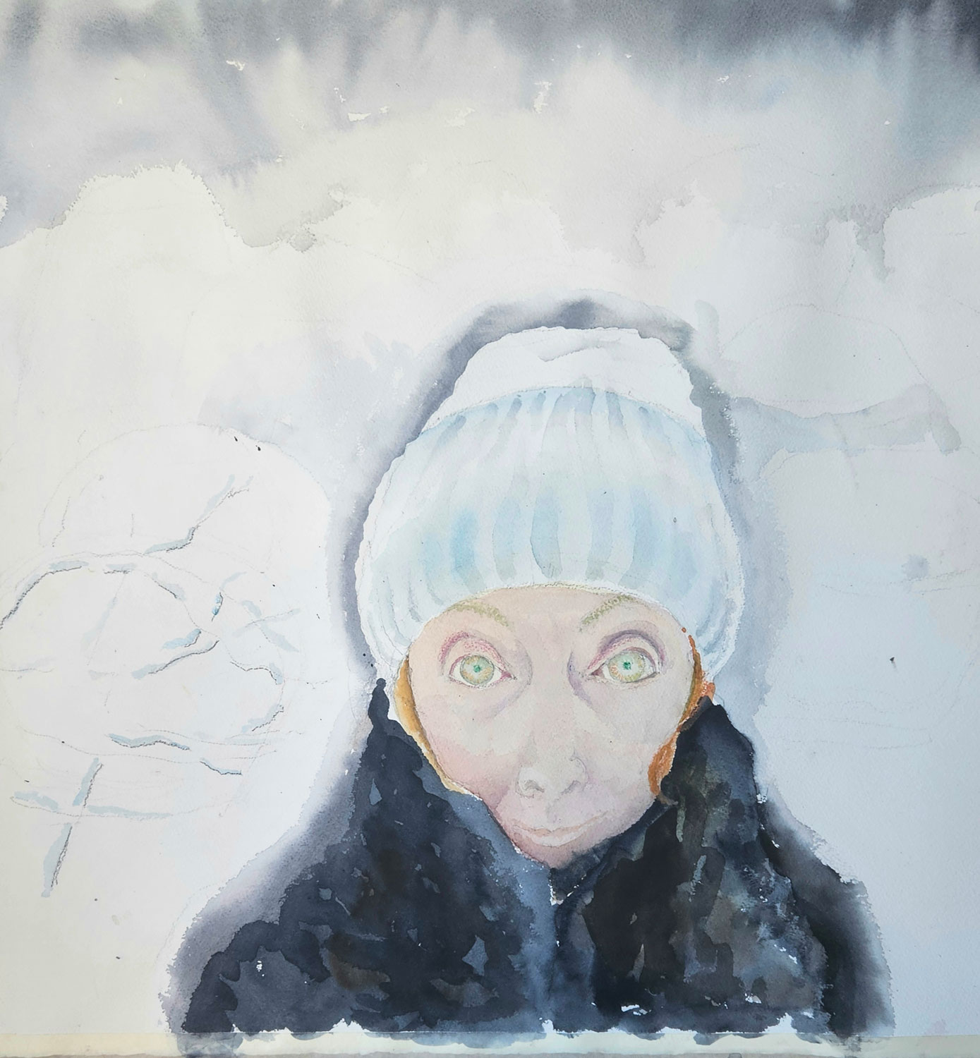 "Snow from yesterday”. Watercolour, 60x60 cm, 2026, painter Nina Werzhbinskaja-Rabinowich